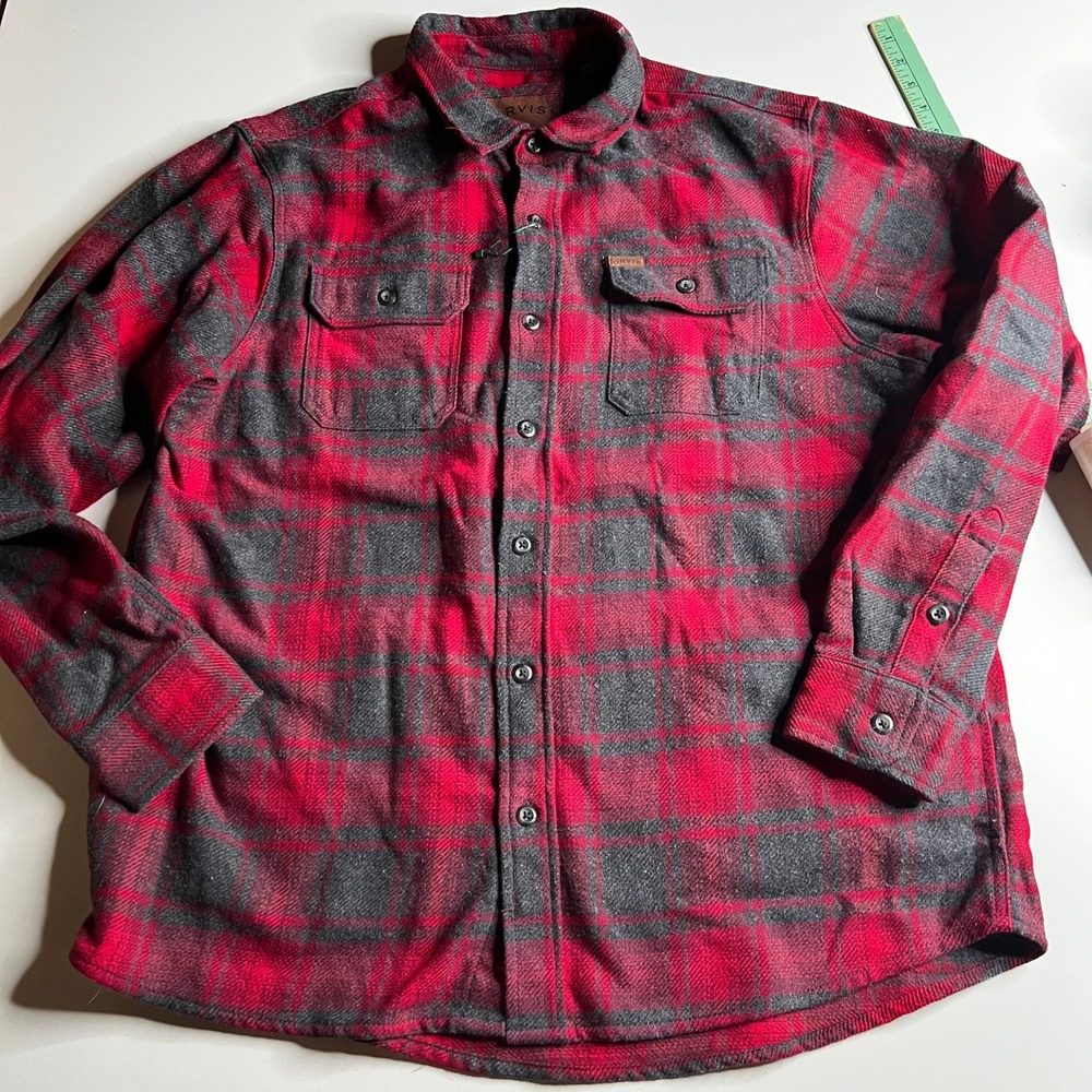 Orvis Mens XL‎ Red Gray Plaid Flannel Button Down Shirt Long Sleeve Heavyweight